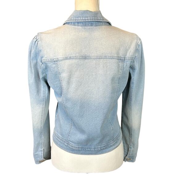 Baccini Jacket Women Petite Sz PS Light Blue Wash Cropped Ruched Shoulders Denim - Picture 3 of 12